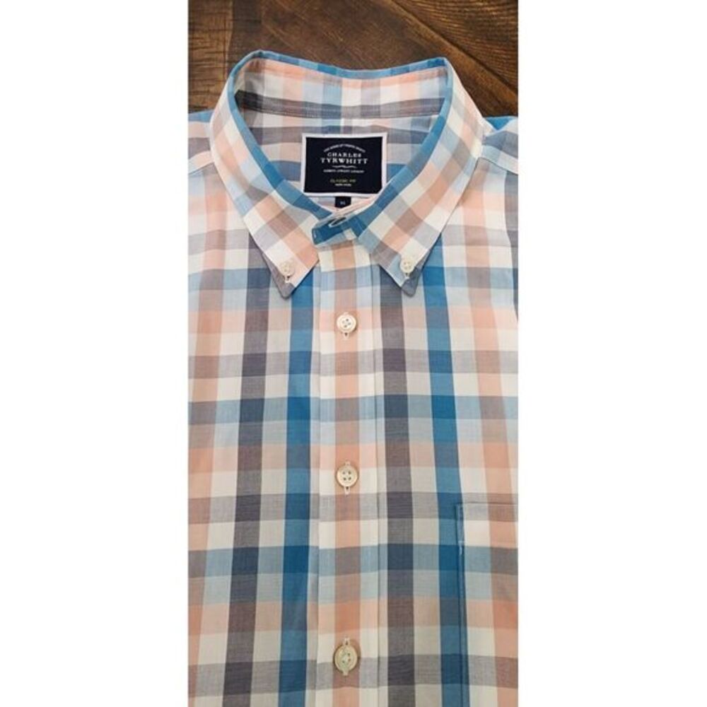 Charles Tyrwhitt Coral‎ Blue White Check LS Shirt Non-Iron XL Classic Fit